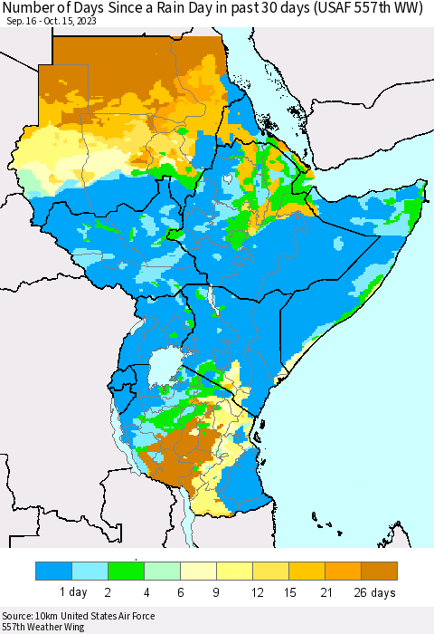 Eastern Africa Number of Days Since a Rain Day in past 30 days (USAF 557th WW) Thematic Map For 10/11/2023 - 10/15/2023