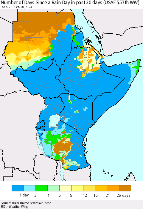 Eastern Africa Number of Days Since a Rain Day in past 30 days (USAF 557th WW) Thematic Map For 10/16/2023 - 10/20/2023