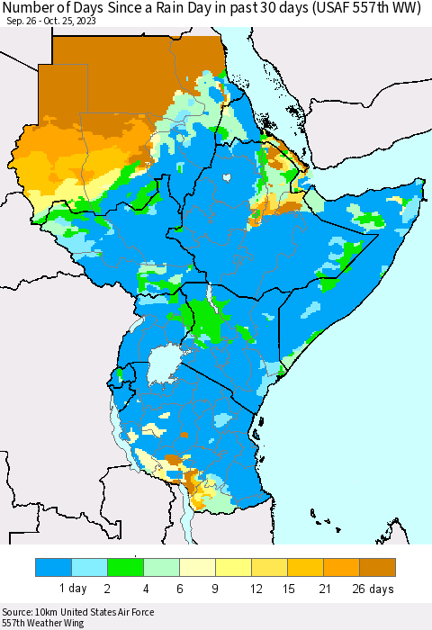 Eastern Africa Number of Days Since a Rain Day in past 30 days (USAF 557th WW) Thematic Map For 10/21/2023 - 10/25/2023