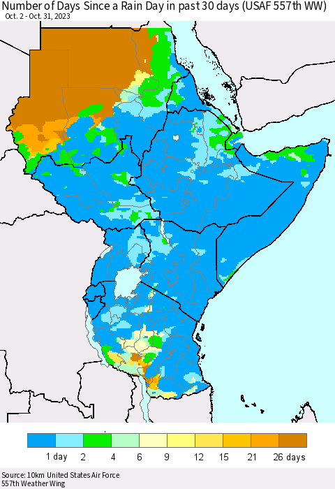Eastern Africa Number of Days Since a Rain Day in past 30 days (USAF 557th WW) Thematic Map For 10/26/2023 - 10/31/2023