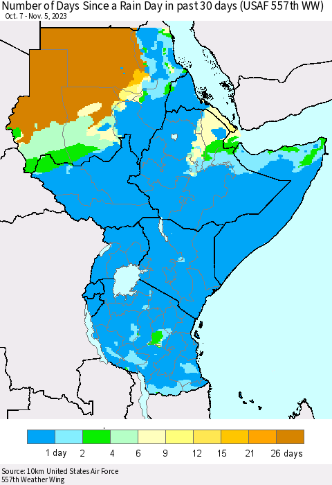 Eastern Africa Number of Days Since a Rain Day in past 30 days (USAF 557th WW) Thematic Map For 11/1/2023 - 11/5/2023