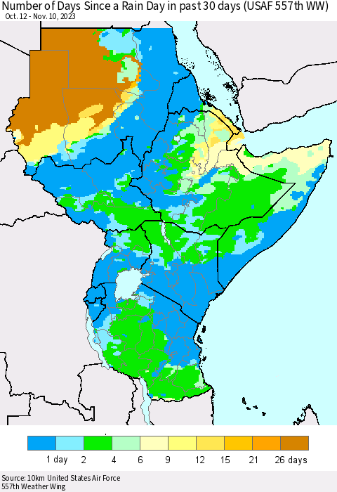 Eastern Africa Number of Days Since a Rain Day in past 30 days (USAF 557th WW) Thematic Map For 11/6/2023 - 11/10/2023