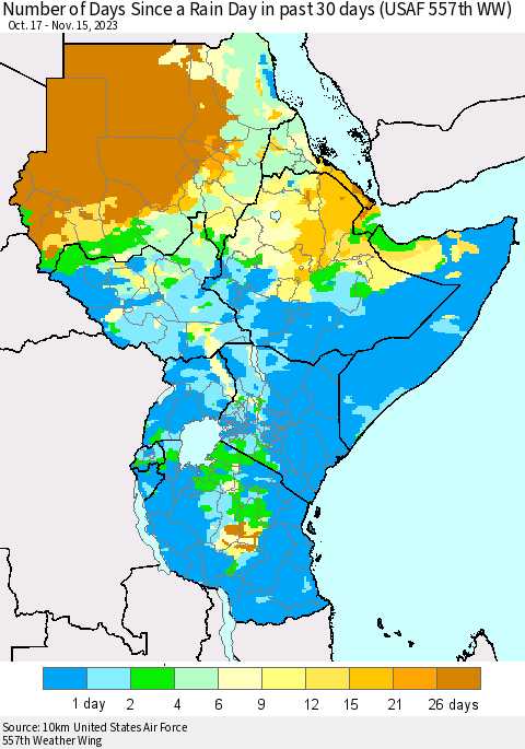 Eastern Africa Number of Days Since a Rain Day in past 30 days (USAF 557th WW) Thematic Map For 11/11/2023 - 11/15/2023