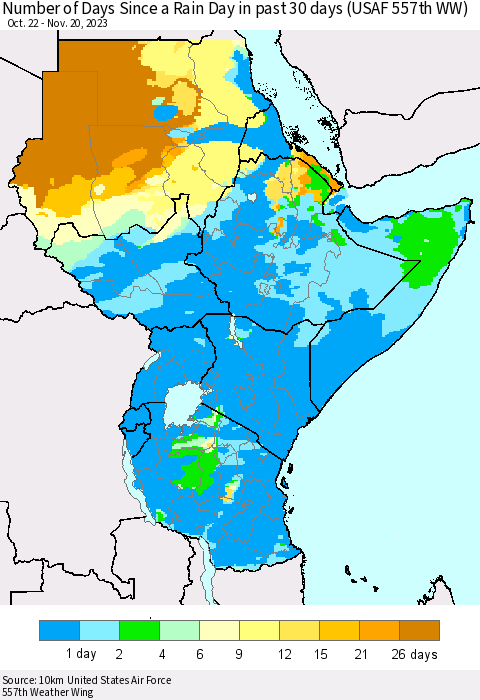 Eastern Africa Number of Days Since a Rain Day in past 30 days (USAF 557th WW) Thematic Map For 11/16/2023 - 11/20/2023