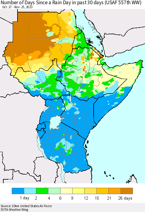 Eastern Africa Number of Days Since a Rain Day in past 30 days (USAF 557th WW) Thematic Map For 11/21/2023 - 11/25/2023