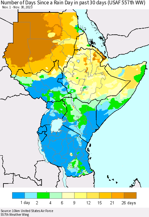 Eastern Africa Number of Days Since a Rain Day in past 30 days (USAF 557th WW) Thematic Map For 11/26/2023 - 11/30/2023