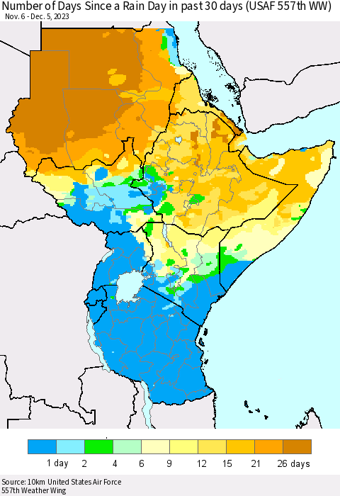 Eastern Africa Number of Days Since a Rain Day in past 30 days (USAF 557th WW) Thematic Map For 12/1/2023 - 12/5/2023