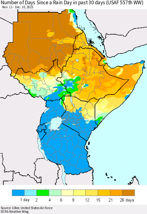 Eastern Africa Number of Days Since a Rain Day in past 30 days (USAF 557th WW) Thematic Map For 12/6/2023 - 12/10/2023