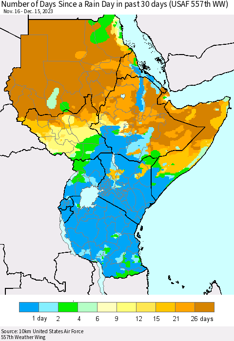 Eastern Africa Number of Days Since a Rain Day in past 30 days (USAF 557th WW) Thematic Map For 12/11/2023 - 12/15/2023
