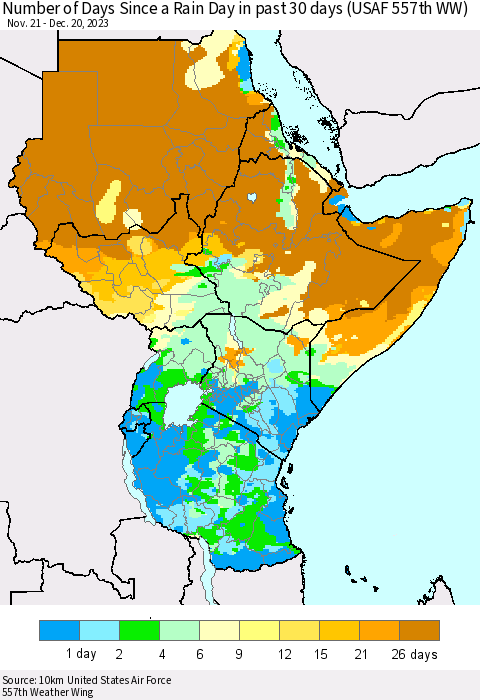 Eastern Africa Number of Days Since a Rain Day in past 30 days (USAF 557th WW) Thematic Map For 12/16/2023 - 12/20/2023