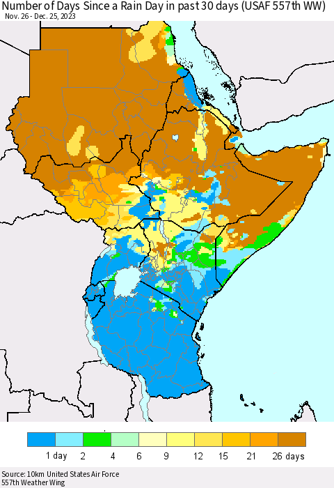Eastern Africa Number of Days Since a Rain Day in past 30 days (USAF 557th WW) Thematic Map For 12/21/2023 - 12/25/2023