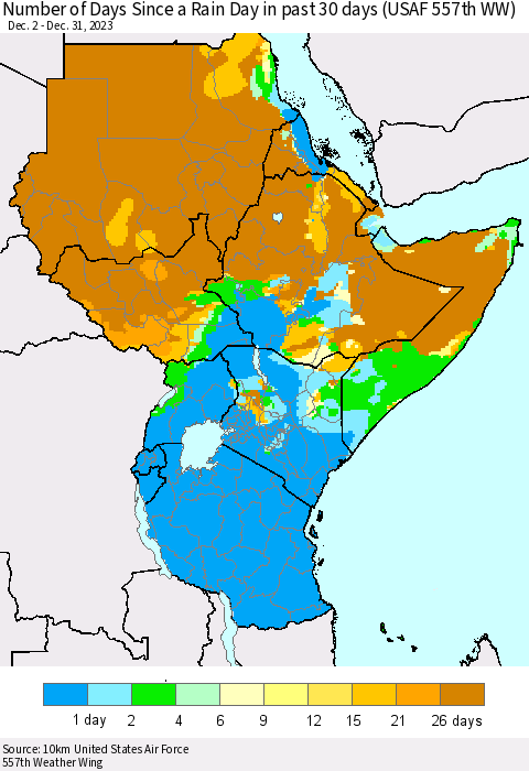 Eastern Africa Number of Days Since a Rain Day in past 30 days (USAF 557th WW) Thematic Map For 12/26/2023 - 12/31/2023