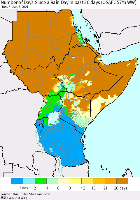 Eastern Africa Number of Days Since a Rain Day in past 30 days (USAF 557th WW) Thematic Map For 1/1/2024 - 1/5/2024