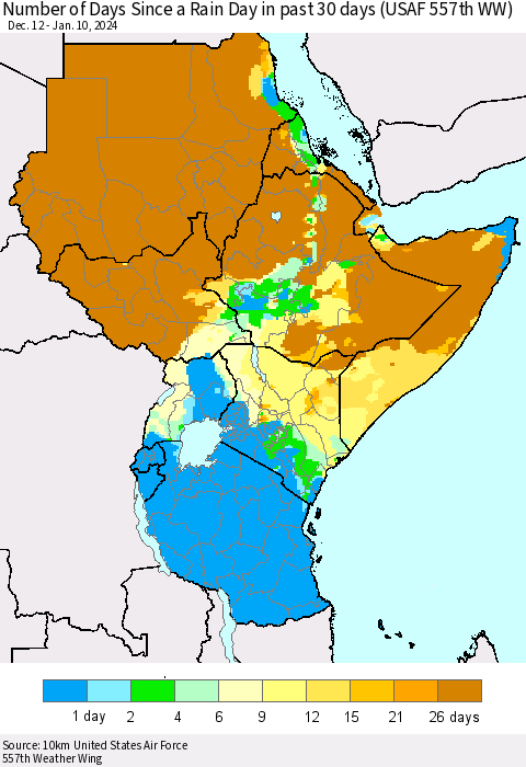 Eastern Africa Number of Days Since a Rain Day in past 30 days (USAF 557th WW) Thematic Map For 1/6/2024 - 1/10/2024