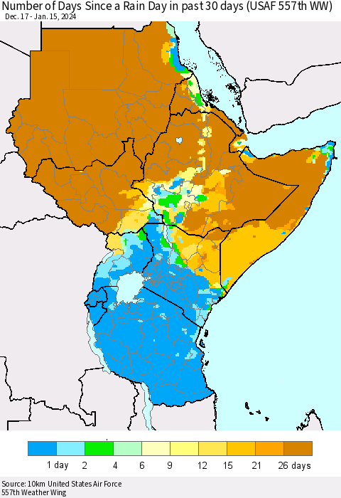 Eastern Africa Number of Days Since a Rain Day in past 30 days (USAF 557th WW) Thematic Map For 1/11/2024 - 1/15/2024