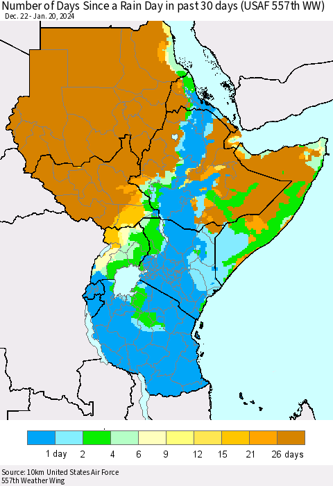Eastern Africa Number of Days Since a Rain Day in past 30 days (USAF 557th WW) Thematic Map For 1/16/2024 - 1/20/2024