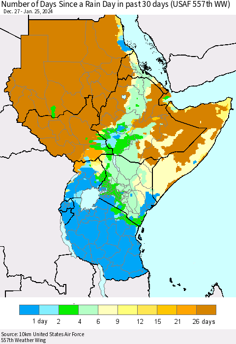 Eastern Africa Number of Days Since a Rain Day in past 30 days (USAF 557th WW) Thematic Map For 1/21/2024 - 1/25/2024