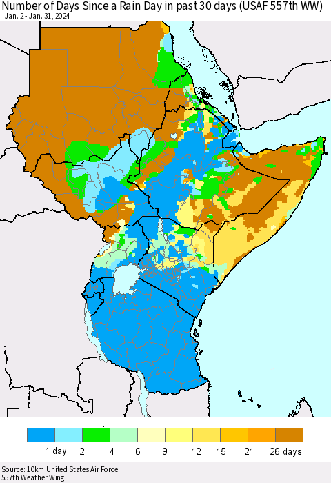 Eastern Africa Number of Days Since a Rain Day in past 30 days (USAF 557th WW) Thematic Map For 1/26/2024 - 1/31/2024