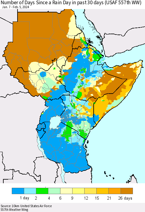 Eastern Africa Number of Days Since a Rain Day in past 30 days (USAF 557th WW) Thematic Map For 2/1/2024 - 2/5/2024