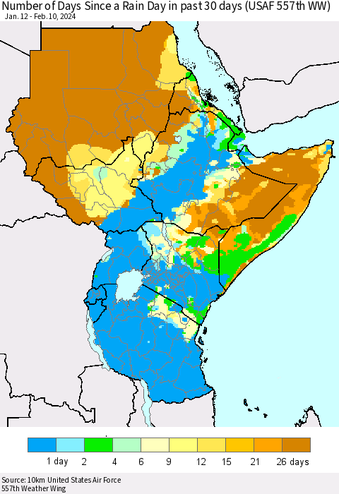 Eastern Africa Number of Days Since a Rain Day in past 30 days (USAF 557th WW) Thematic Map For 2/6/2024 - 2/10/2024