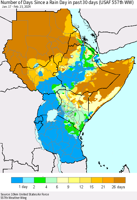 Eastern Africa Number of Days Since a Rain Day in past 30 days (USAF 557th WW) Thematic Map For 2/11/2024 - 2/15/2024