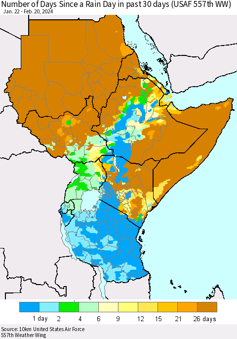 Eastern Africa Number of Days Since a Rain Day in past 30 days (USAF 557th WW) Thematic Map For 2/16/2024 - 2/20/2024