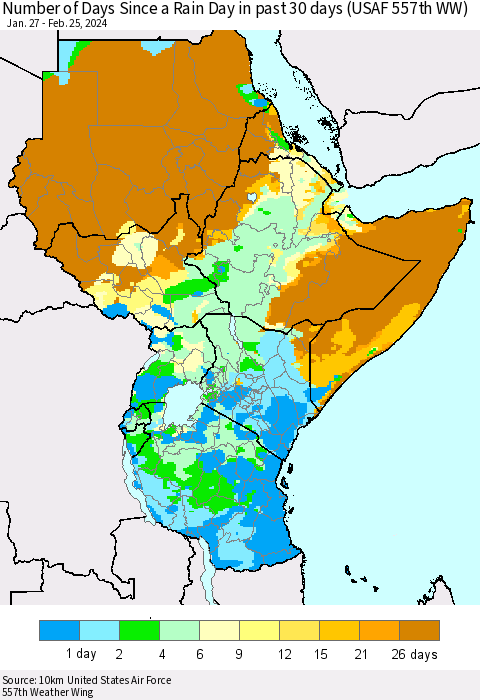 Eastern Africa Number of Days Since a Rain Day in past 30 days (USAF 557th WW) Thematic Map For 2/21/2024 - 2/25/2024