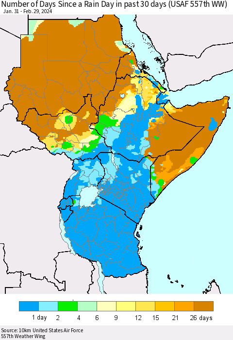 Eastern Africa Number of Days Since a Rain Day in past 30 days (USAF 557th WW) Thematic Map For 2/26/2024 - 2/29/2024