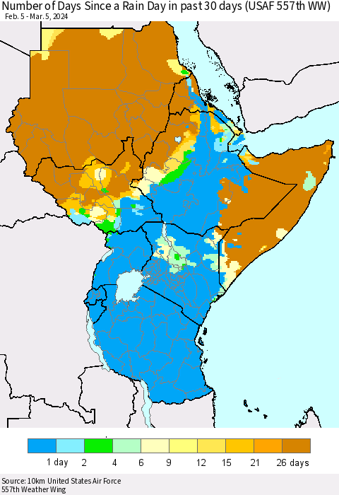 Eastern Africa Number of Days Since a Rain Day in past 30 days (USAF 557th WW) Thematic Map For 3/1/2024 - 3/5/2024