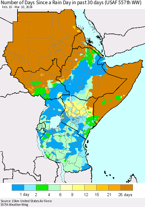 Eastern Africa Number of Days Since a Rain Day in past 30 days (USAF 557th WW) Thematic Map For 3/6/2024 - 3/10/2024