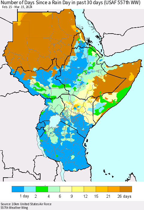 Eastern Africa Number of Days Since a Rain Day in past 30 days (USAF 557th WW) Thematic Map For 3/11/2024 - 3/15/2024