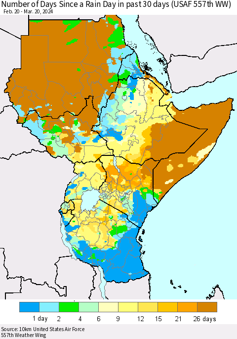 Eastern Africa Number of Days Since a Rain Day in past 30 days (USAF 557th WW) Thematic Map For 3/16/2024 - 3/20/2024