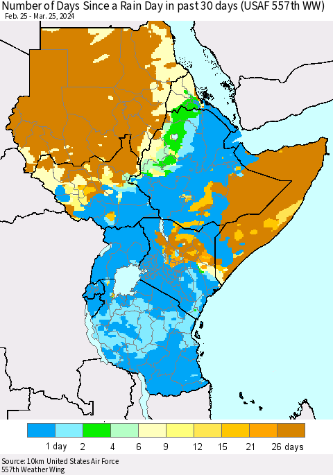 Eastern Africa Number of Days Since a Rain Day in past 30 days (USAF 557th WW) Thematic Map For 3/21/2024 - 3/25/2024
