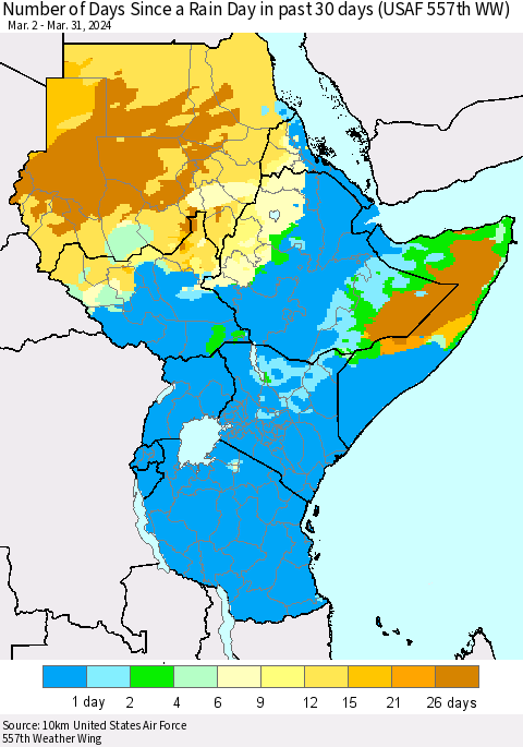 Eastern Africa Number of Days Since a Rain Day in past 30 days (USAF 557th WW) Thematic Map For 3/26/2024 - 3/31/2024