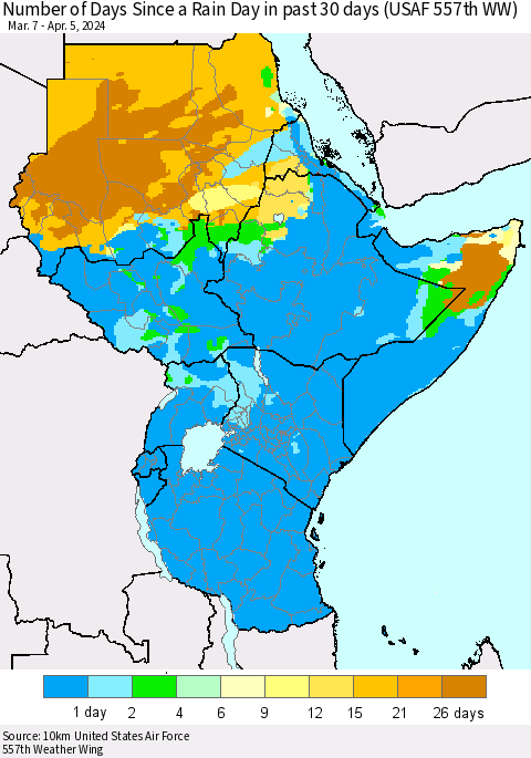 Eastern Africa Number of Days Since a Rain Day in past 30 days (USAF 557th WW) Thematic Map For 4/1/2024 - 4/5/2024