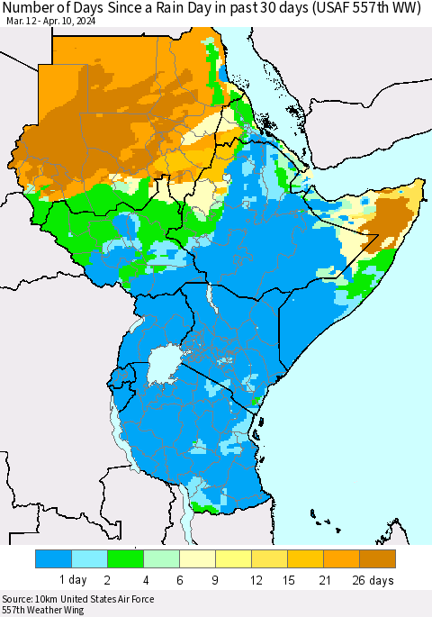 Eastern Africa Number of Days Since a Rain Day in past 30 days (USAF 557th WW) Thematic Map For 4/6/2024 - 4/10/2024