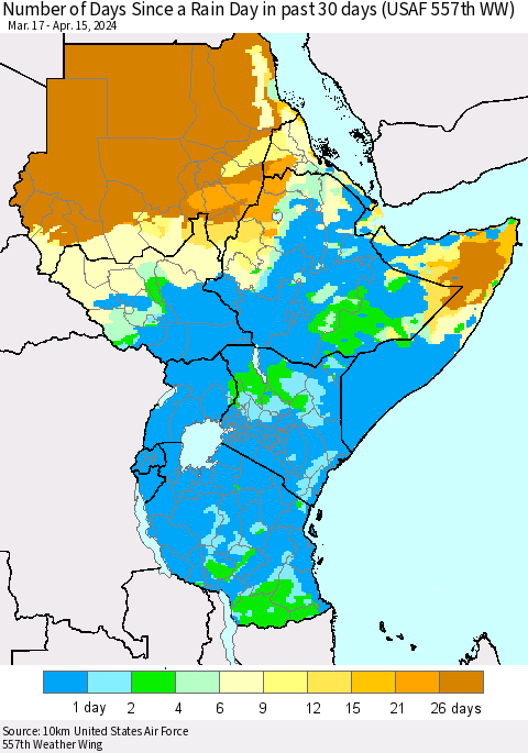 Eastern Africa Number of Days Since a Rain Day in past 30 days (USAF 557th WW) Thematic Map For 4/11/2024 - 4/15/2024