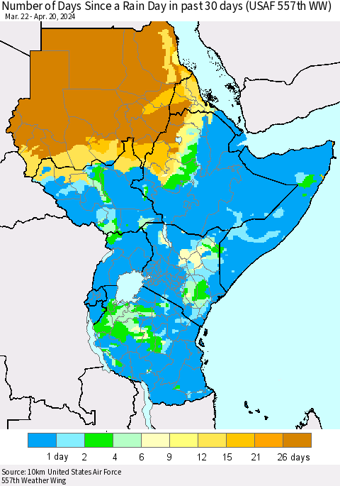 Eastern Africa Number of Days Since a Rain Day in past 30 days (USAF 557th WW) Thematic Map For 4/16/2024 - 4/20/2024