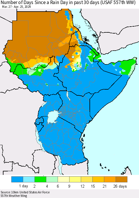 Eastern Africa Number of Days Since a Rain Day in past 30 days (USAF 557th WW) Thematic Map For 4/21/2024 - 4/25/2024