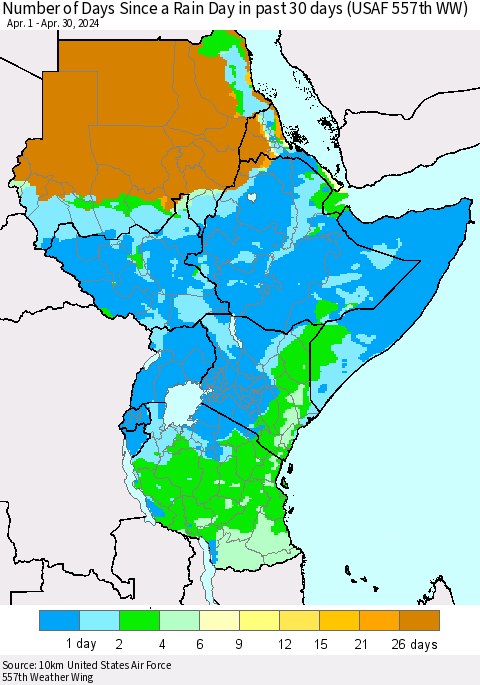 Eastern Africa Number of Days Since a Rain Day in past 30 days (USAF 557th WW) Thematic Map For 4/26/2024 - 4/30/2024