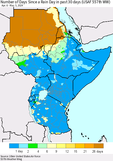 Eastern Africa Number of Days Since a Rain Day in past 30 days (USAF 557th WW) Thematic Map For 5/1/2024 - 5/5/2024