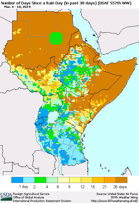 Eastern Africa Number of Days Since a Rain Day in past 30 days (USAF 557th WW) Thematic Map For 3/4/2019 - 3/10/2019