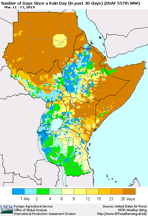 Eastern Africa Number of Days Since a Rain Day in past 30 days (USAF 557th WW) Thematic Map For 3/11/2019 - 3/17/2019