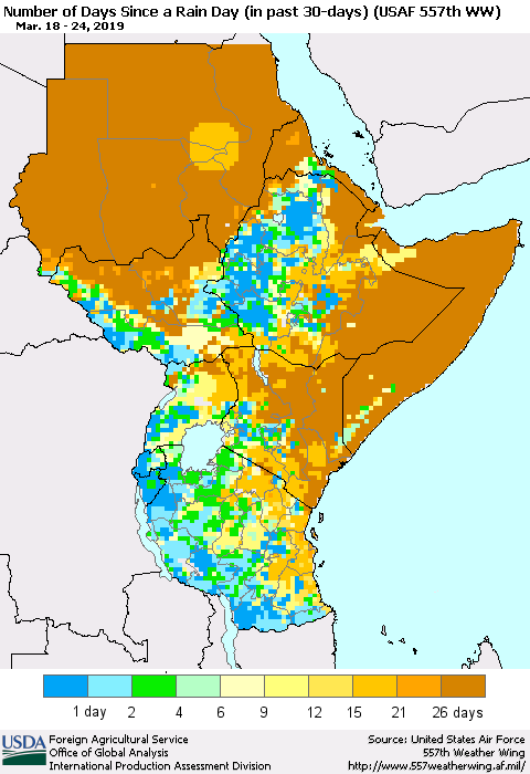 Eastern Africa Number of Days Since a Rain Day in past 30 days (USAF 557th WW) Thematic Map For 3/18/2019 - 3/24/2019