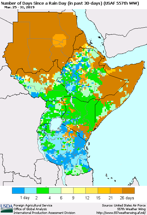 Eastern Africa Number of Days Since a Rain Day in past 30 days (USAF 557th WW) Thematic Map For 3/25/2019 - 3/31/2019