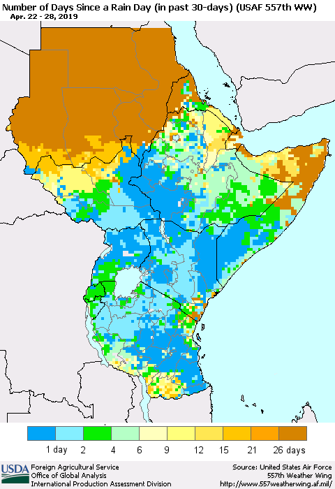 Eastern Africa Number of Days Since a Rain Day in past 30 days (USAF 557th WW) Thematic Map For 4/22/2019 - 4/28/2019