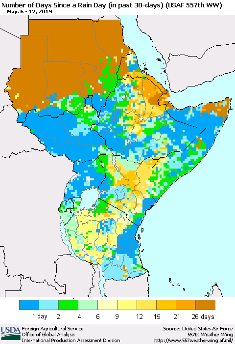 Eastern Africa Number of Days Since a Rain Day in past 30 days (USAF 557th WW) Thematic Map For 5/6/2019 - 5/12/2019
