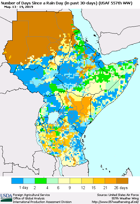 Eastern Africa Number of Days Since a Rain Day in past 30 days (USAF 557th WW) Thematic Map For 5/13/2019 - 5/19/2019