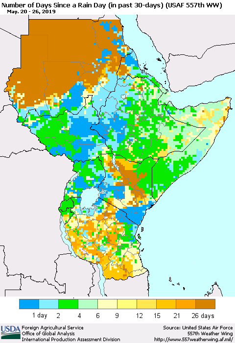 Eastern Africa Number of Days Since a Rain Day in past 30 days (USAF 557th WW) Thematic Map For 5/20/2019 - 5/26/2019