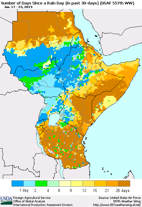 Eastern Africa Number of Days Since a Rain Day in past 30 days (USAF 557th WW) Thematic Map For 6/17/2019 - 6/23/2019